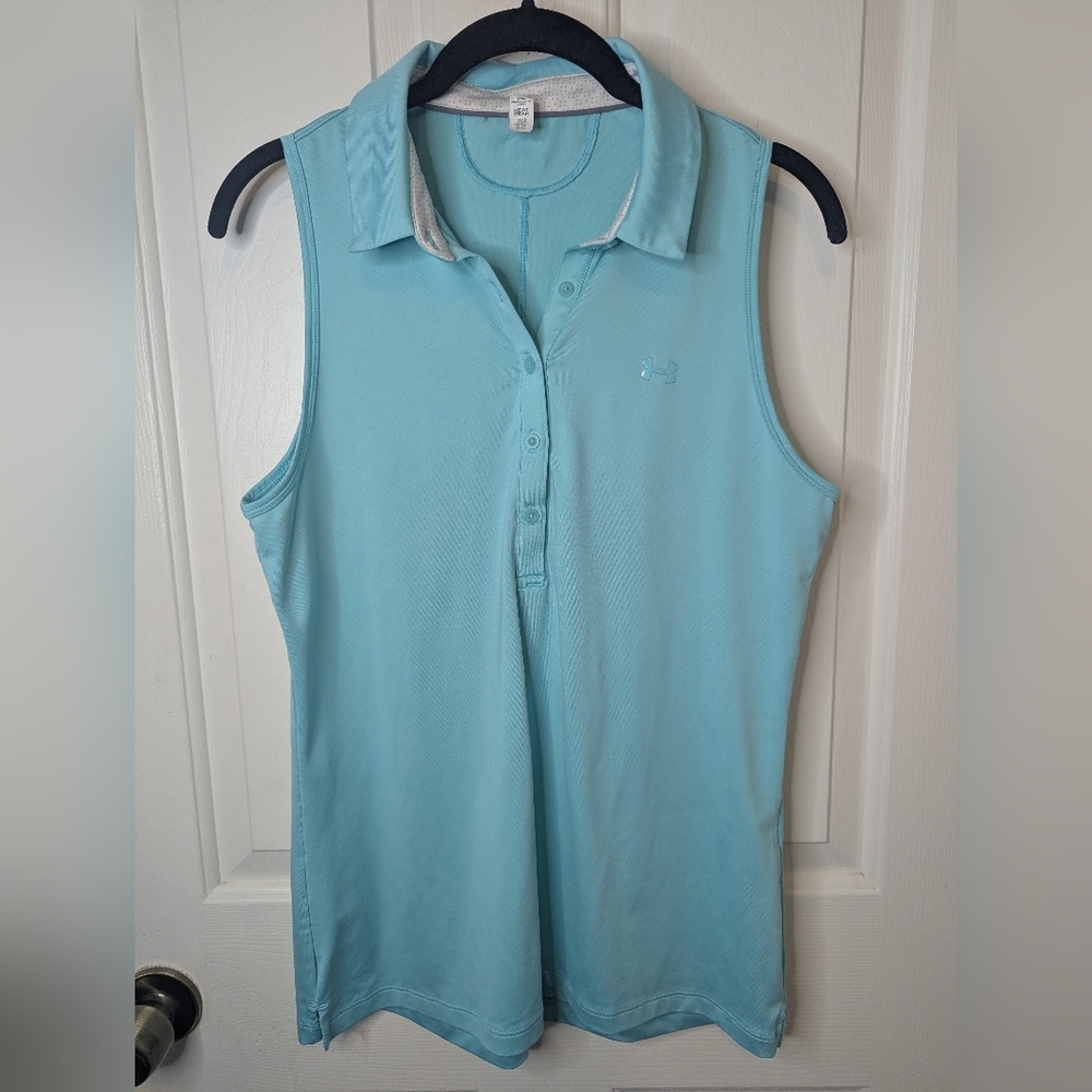 Under Armour Heat Gear Womens Medium Sleeveless Collared Mint GreenTank Top Logo